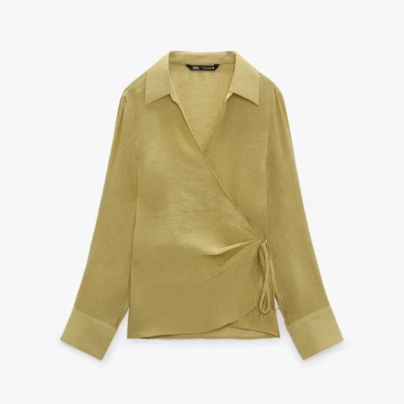 Zara Chiffon Wrap Shirt with Side Tie in Olive NWOT size XS - Picture 1 of 12